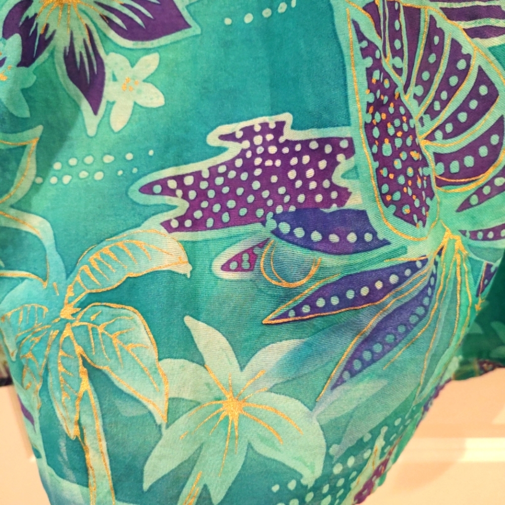Boo Gems Tunic Top Green Purple Gold Floral Cotton Silk V-Neck Size L - Picture 11 of 12